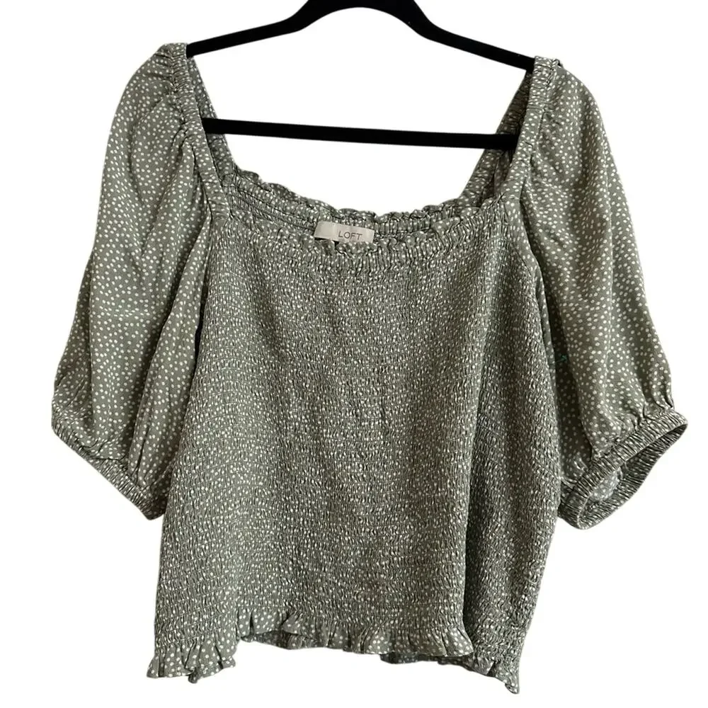 LOFT Smocked Blouse Womens L Olive Polka Dot Cottage Puff Sleeve Square Neck